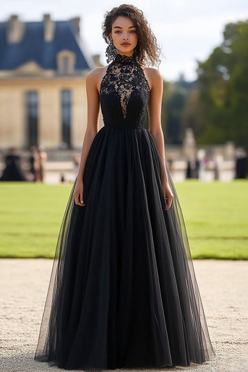 Black A Line Halter Tulle Long Formal Dress with Lace